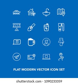 Modern, simple vector icon set on blue background with male, route, card, water, map, boy, location, internet, message, lamp, coffee, switch, balance, profile, smile, faucet, cup, mug, table icons