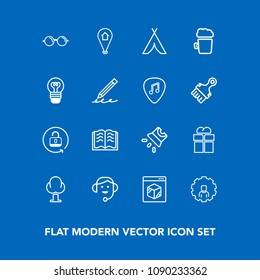 Modern, simple vector icon set on blue background with eyesight, screen, open, eyeglasses, camp, delivery, literature, protection, map, headset, projector, nature, gift, security, paper, package icons