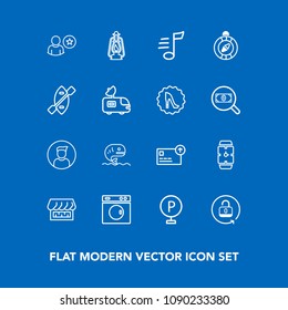 Modern, simple vector icon set on blue background with protection, kerosene, equipment, washer, food, internet, vintage, metal, laundry, clock, sea, machine, hand, curtain, melody, fish, lock icons