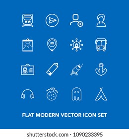 Modern, simple vector icon set on blue background with train, tent, night, sea, ship, planet, technology, audio, rocket, stereo, message, star, music, telescope, horror, pen, adventure, anchor icons