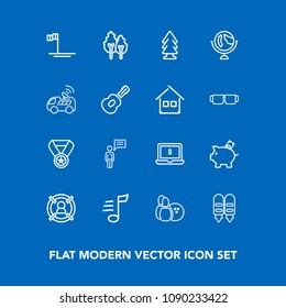 Modern, simple vector icon set on blue background with mexico, planet, ball, sound, nature, screen, technology, game, finance, target, musical, tree, forest, global, chat, reward, beach, baja,  icons