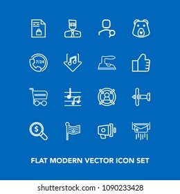 Modern, simple vector icon set on blue background with airplane, post, loud, cart, account, marketing, national, web, concept, flag, sound, megaphone, business, internet, speaker, military, war icons