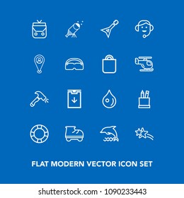 Modern, simple vector icon set on blue background with pool, equipment, nature, night, leather, dolphin, beautiful, shovel, object, falling, style, water, leisure, roller, white, sky, animal icons