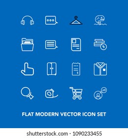Modern, simple vector icon set on blue background with message, insulating, food, click, financial, paper, pointer, work, magnifying, shop, clothing, furniture, sign, freelance, business, home icons