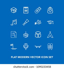 Modern, simple vector icon set on blue background with style, blue, box, new, microphone, mexico, karaoke, outdoor, night, bag, extreme, delivery, skate, voice, file, unpacking, paper, adventure icons