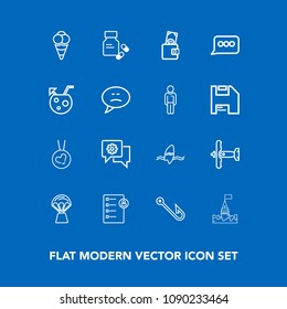 Modern, simple vector icon set on blue background with dessert, love, cream, hot, vitamin, aircraft, sky, fish, war, food, plane, architecture, balloon, military, air, fishing, castle, medieval icons