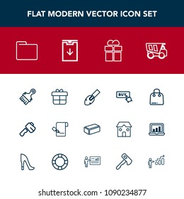 Modern, simple vector icon set with dumper, hammer, package, sign, dump, brush, screwdriver, success, tipper, retail, box, progress, white, construction, folder, fashion, shovel, paintbrush, pen icons