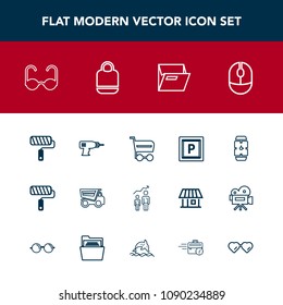 Modern, simple vector icon set with transport, leather, paint, minute, truck, road, success, drill, time, bag, clock, growth, dumper, file, glasses, roll, hand, sun, folder, work, equipment, buy icons