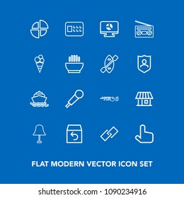 Modern, simple vector icon set on blue background with mic, karaoke, click, estate, hit, yacht, graph, pie, music, boat, audio, hyperlink, shipping, ball, safe, house, infographic, lamp, link icons