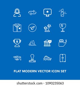 Modern, simple vector icon set on blue background with money, furniture, business, nature, bank, university, steam, cabinet, achievement, ocean, face, replacement, hot, dolphin, animal, kettle icons