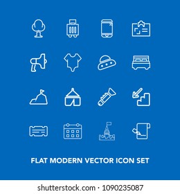 Modern, simple vector icon set on blue background with landscape, time, luggage, calendar, musical, baggage, timetable, day, blue, travel, upstairs, bag, downstairs, bugle, down, technology, sky icons