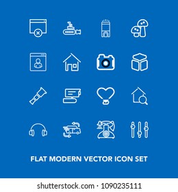 Modern, simple vector icon set on blue background with food, edible, delivery, car, equality, travel, sound, video, astronomy, ocean, tv, boat, search, marine, love, night, mushroom, page, sea icons