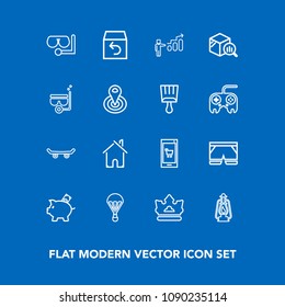 Modern, simple vector icon set on blue background with crown, money, home, queen, board, app, house, royal, technology, white, king, metal, skateboard, development, parachuting, extreme, glass icons