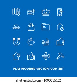 Modern, simple vector icon set on blue background with finance, plane, marine, concept, hand, crown, shovel, travel, sea, landlord, flight, good, money, king, house, pole, owner, internet, web icons