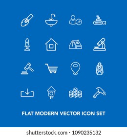 Modern, simple vector icon set on blue background with wooden, undersea, home, location, construction, bird, account, cart, web, metal, sign, marine, storehouse, kerosene, sea, boat, bathroom icons