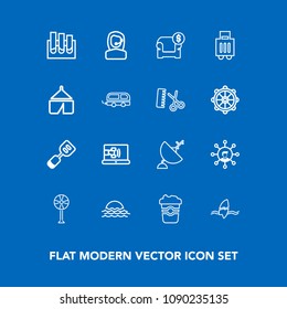 Modern, simple vector icon set on blue background with modern, kitchen, tool, laboratory, center, screen, cooler, communication, interior, air, tropical, nature, white, sunrise, surfer, online icons