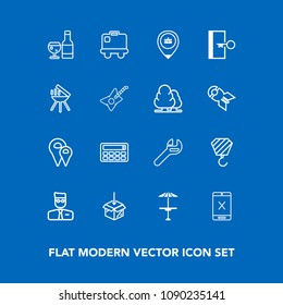 Modern, simple vector icon set on blue background with wine, connection, alcohol, glass, location, escape, table, sign, web, spanner, calculator, user, building, bar, drink, tool, travel, cancel icons