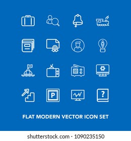 Modern, simple vector icon set on blue background with book, sea, life, pen, doctor, communication, street, bell, web, account, travel, television, up, technology, tv, antenna, medical, bag, car icons