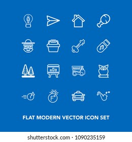 Modern, simple vector icon set on blue background with message, musical, scale, communication, office, bugle, environment, trumpet, cell, mobile, temperature, owl, jazz, telephone, taxi, night icons