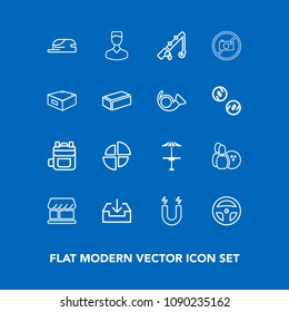 Modern, simple vector icon set on blue background with leather, equipment, magnetic, table, science, pie, web, bar, business, curtain, sport, pin, sign, bag, profile, backpack, rod, field, light icons