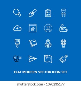 Modern, simple vector icon set on blue background with travel, paintbrush, home, list, white, mark, road, cycle, equipment, internet, message, fan, web, find, bag, lighthouse, construction, hair icons
