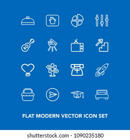 Modern, simple vector icon set on blue background with home, bag, chart, bed, web, house, hanger, park, launch, graph, space, love, message, shuttle, food, call, pie, trip, bedroom, dont, double icons