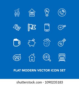 Modern, simple vector icon set on blue background with home, concept, web, chat, customer, coffee, mug, phone, cart, money, building, personal, food, planet, technology, string, music, bank, cup icons