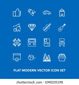 Modern, simple vector icon set on blue background with transportation, drone, car, helicopter, interior, shipment, aerial, landscape, sign, taxi, technology, id, white, concept, find, internet icons
