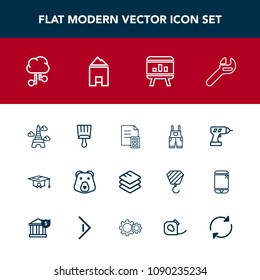 Modern, simple vector icon set with repair, hand, data, internet, work, college, graduation, eiffel, home, machine, template, tool, paris, financial, uniform, tower, bear, business, wear, white icons
