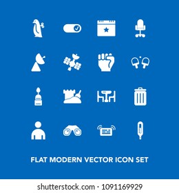 Modern, simple vector icon set on blue background with bin, thermometer, chair, recycling, human, antenna, sand, binocular, garbage, , doughnut, home, radio, dinner, signal, celebration, family icons