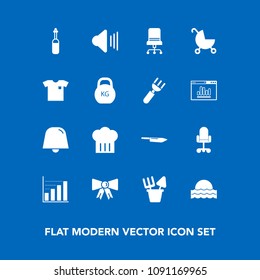 Modern, simple vector icon set on blue background with light, sound, technology, bow, furniture, new, volume, sunrise, suit, sun, sunset, chair, laboratory, sand, office, interior, restaurant icons