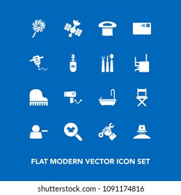 Modern, simple vector icon set on blue background with candy, clothing, clothes, account, satellite, helmet, hair, dryer, exploration, lollipop, hat, astronaut, music, letter, mail, drill, food icons