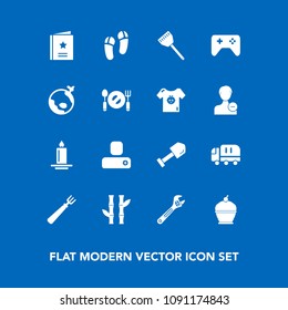 Modern, simple vector icon set on blue background with play, world, sweet, joystick, social, wrench, decoration, asian, pie, spoon, equipment, contact, asia, dessert, dinner, construction, car icons