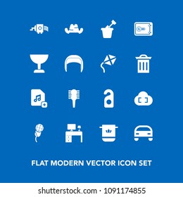 Modern, simple vector icon set on blue background with privacy, money, fashion, play, bathroom, file, cloud, business, mic, towel, headwear, vehicle, beauty, kitchen, sand, hair, child, add, hat icons