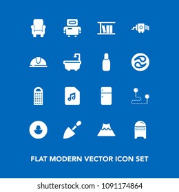 Modern, simple vector icon set on blue background with android, human, music, post, furniture, chair, library, household, avatar, grater, futuristic, landscape, travel, destination, mailbox, map icons
