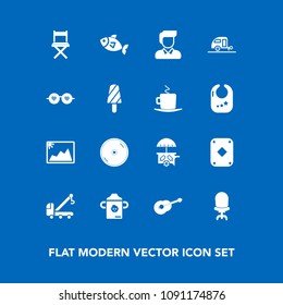 Modern, simple vector icon set on blue background with armchair, milk, musical, car, frame, tow, vehicle, sea, trailer, bottle, boy, dvd, male, truck, van, seafood, seat, ice, travel, game, disk icons