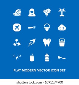 Modern, simple vector icon set on blue background with bucket, drink, lady, location, white, pin, travel, atlas, plane, flight, paper, tropical, spring, fashion, young, footwear, handle, musical icons