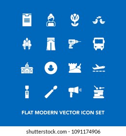 Modern, simple vector icon set on blue background with instrument, architecture, megaphone, government, tower, box, love, liquid, dove, shipping, nature, communication, gallon, airport, city icons