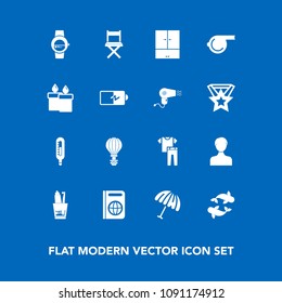 Modern, simple vector icon set on blue background with extreme, watch, white, immigration, smart, clothes, referee, rain, passport, food, fish, document, collection, parachuting, sport, travel icons