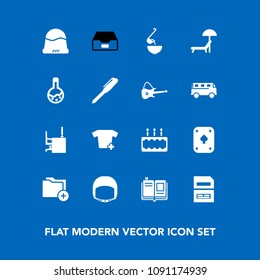 Modern, simple vector icon set on blue background with document, computer, spoon, headwear, food, meal, file, table, literature, equipment, save, medicine, textbook, soup, chair, folder, cake icons