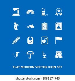 Modern, simple vector icon set on blue background with binocular, grilled, award, winner, drill, comfortable, rattle, home, stationary, open, phone, white, lock, meat, wear, communication, baby icons