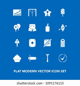 Modern, simple vector icon set on blue background with winner, check, graph, sweet, handle, dont, razor, concept, card, ice, birthday, decoration, entrance, business, doughnut, summer, danger icons