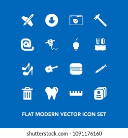 Modern, simple vector icon set on blue background with female, spaceship, trash, beauty, internet, burger, care, rocket, space, profile, guitar, snack, healthy, equipment, brush, garbage, white icons