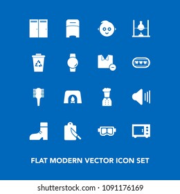 Modern, simple vector icon set on blue background with mask, snorkel, baby, home, summer, music, child, hair, chief, fire, oven, footwear, comb, boot, foot, fireplace, chemistry, volume, warm icons