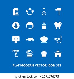 Modern, simple vector icon set on blue background with chef, snorkel, post, water, hook, infant, circus, drink, cake, food, caffeine, mailbox, white, mail, record, technology, sound, pie, empty icons