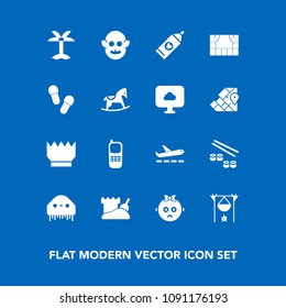 Modern, simple vector icon set on blue background with hygiene, clean, communication, sand, flame, tower, business, stationary, alien, kid, telephone, baby, health, tropical, cute, fiction, care icons