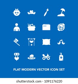 Modern, simple vector icon set on blue background with health, fashion, cute, sad, energy, island, love, bike, soft, dove, campfire, quad, travel, pigeon, pillow, happy, fun, dirt, bird, child icons