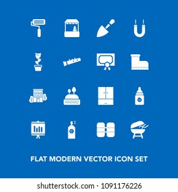 Modern, simple vector icon set on blue background with cylinder, document, sign, energy, estate, annual, equipment, cake, tool, building, house, shop, doughnut, construction, magnet, sweet, pot icons