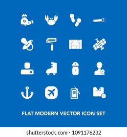 Modern, simple vector icon set on blue background with white, airplane, skating, pacifier, account, slipper, tool, candy, lamp, food, crab, marine, clothes, paint, sea, man, lollipop, roller icons