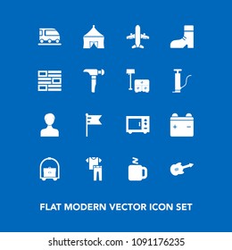 Modern, simple vector icon set on blue background with footwear, foot, musical, white, clothing, cup, user, newspaper, oven, saw, van, train, account, full, battery, flag, plane, national, room icons